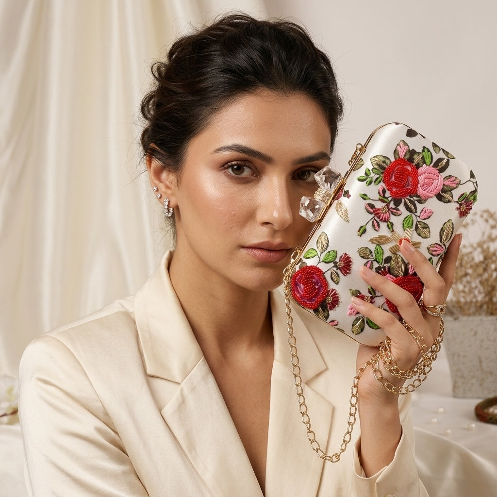 Chitra White — Satin Printed Embroidered Clutch