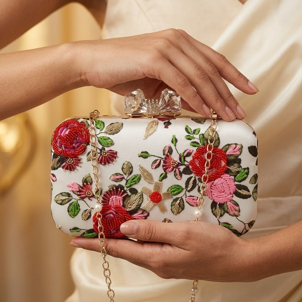 Chitra White — Satin Printed Embroidered Clutch