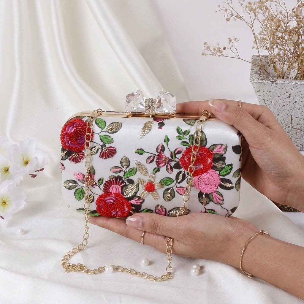 Chitra White — Satin Printed Embroidered Clutch