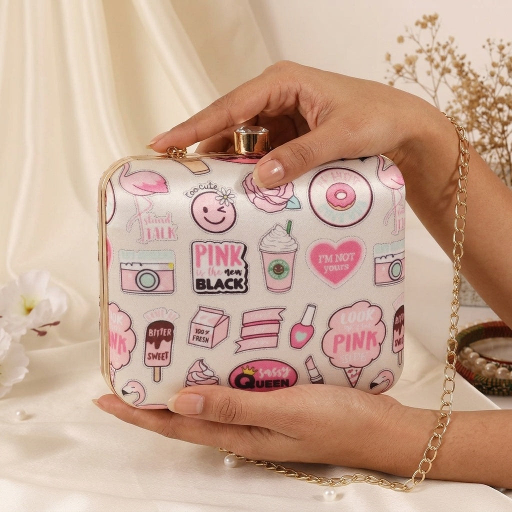 Naina White — Satin Printed Clutch