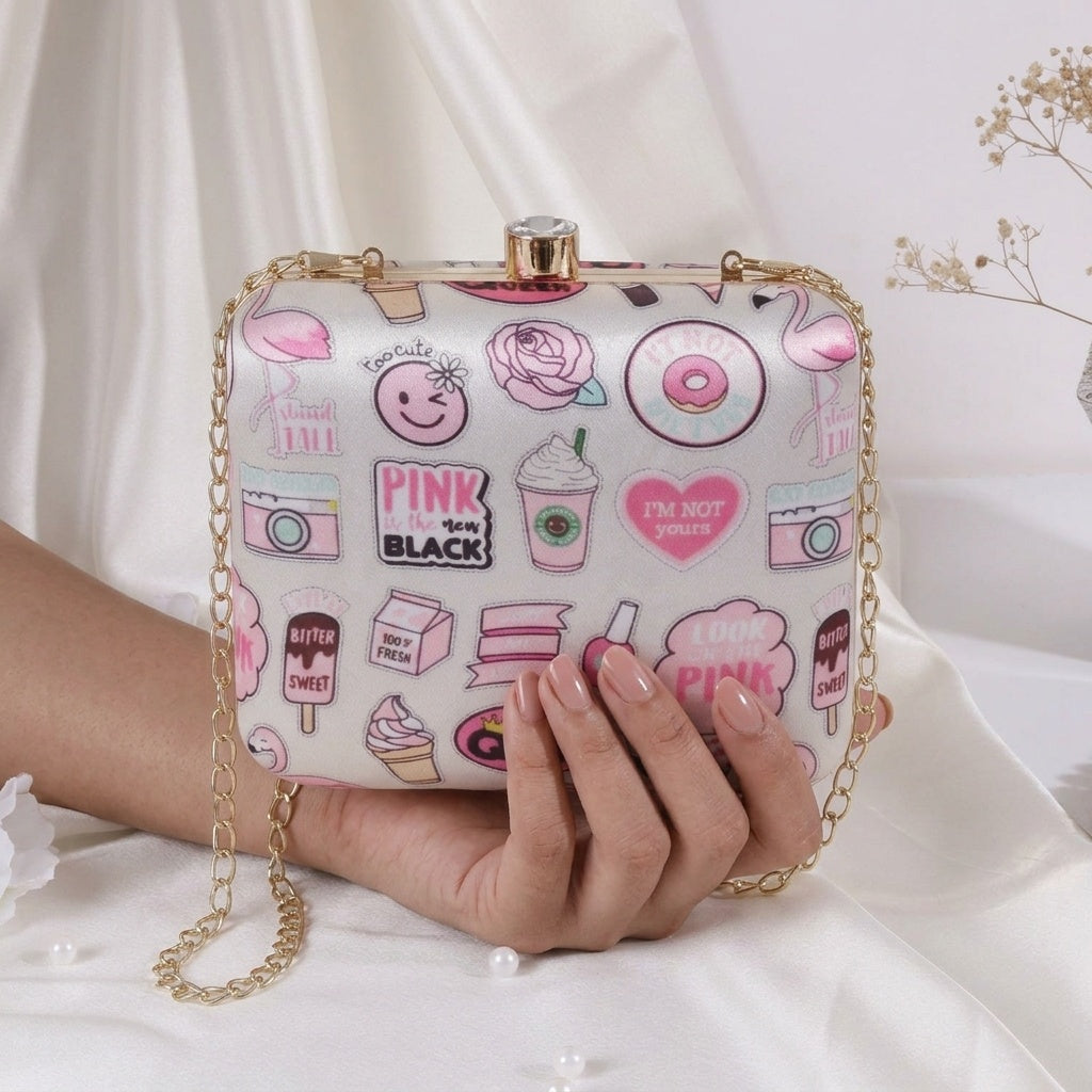 Naina White — Satin Printed Clutch