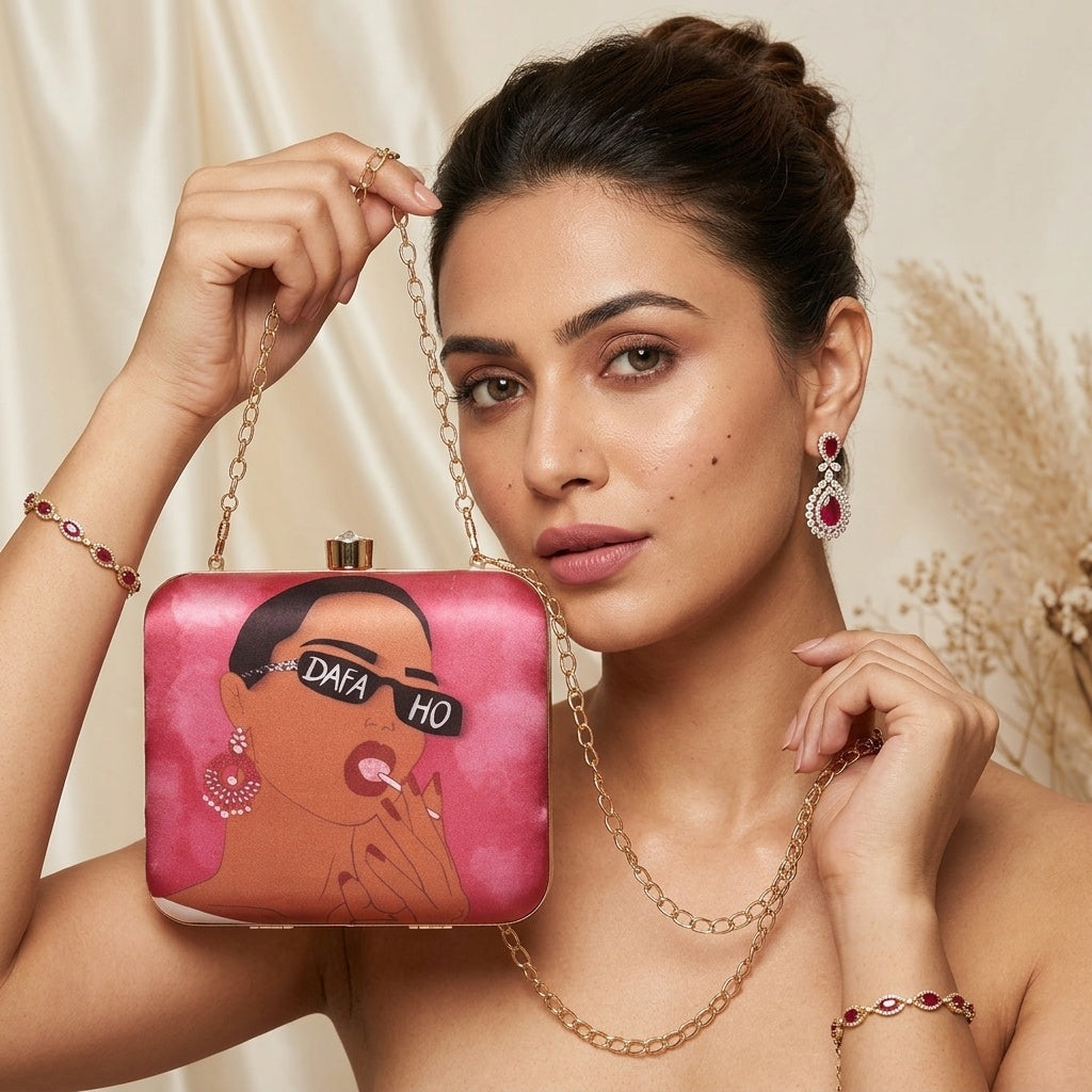Anshi Pink — Satin Printed Clutch