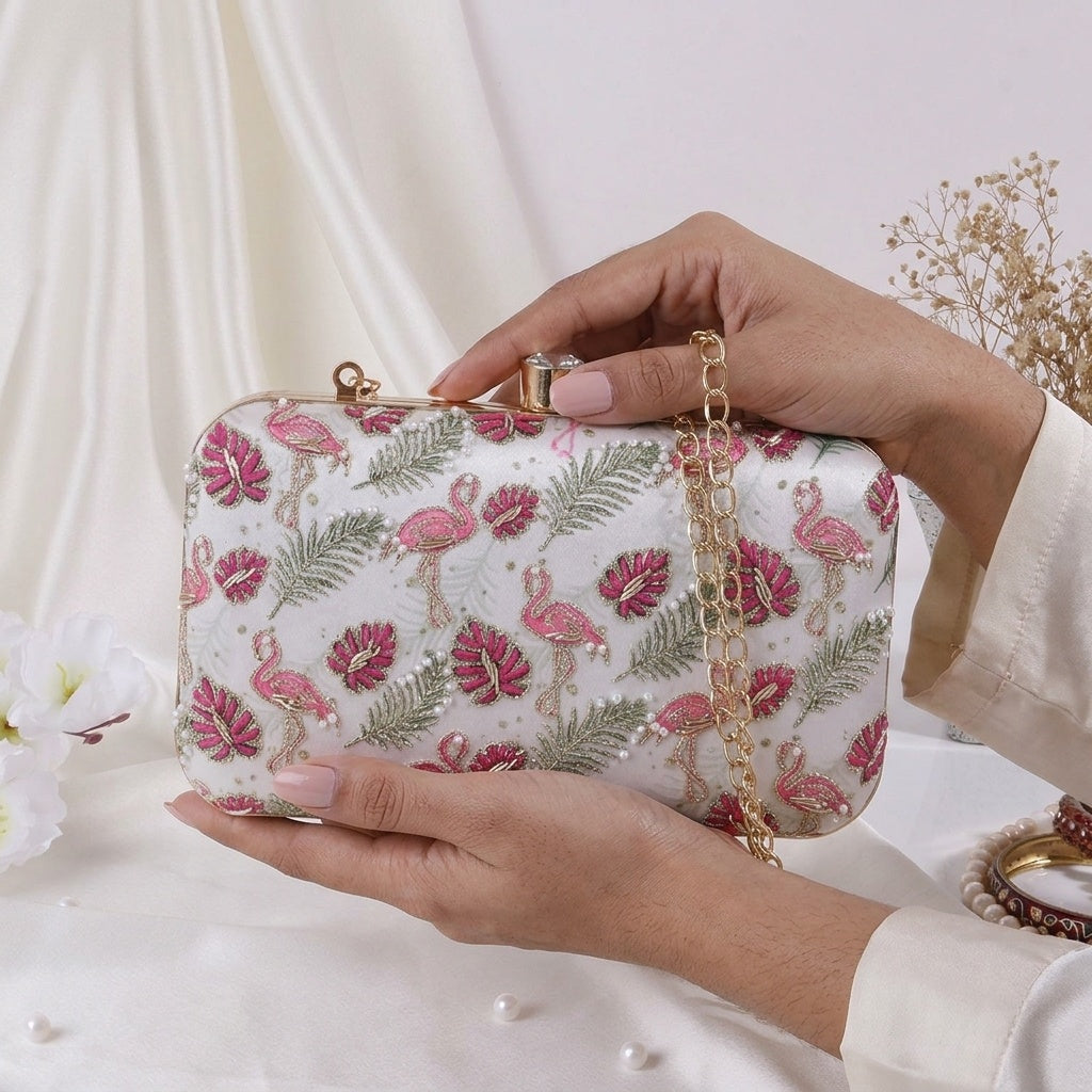 Swisni Hand-Embroidered Clutch Bag for Women | Zari Sequin Bridal Purse | Wedding Party Handbag | SWIS-441