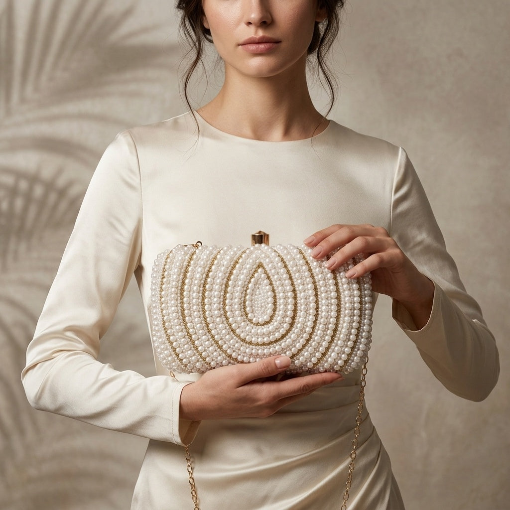Swisni Hand-Embroidered Clutch Bag for Women | Zari Sequin Bridal Purse | Wedding Party Handbag | SWIS-443