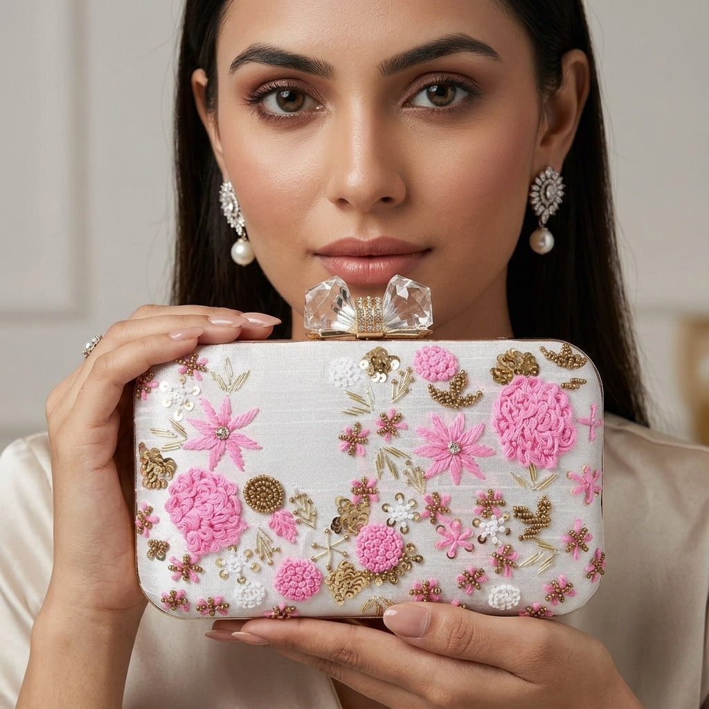 Savitri White — Raw Silk Embroidered Clutch