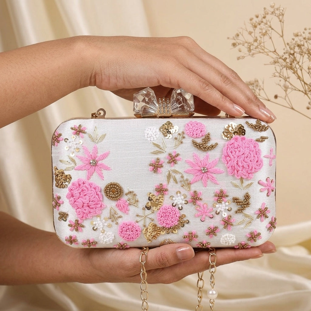 Savitri White — Raw Silk Embroidered Clutch