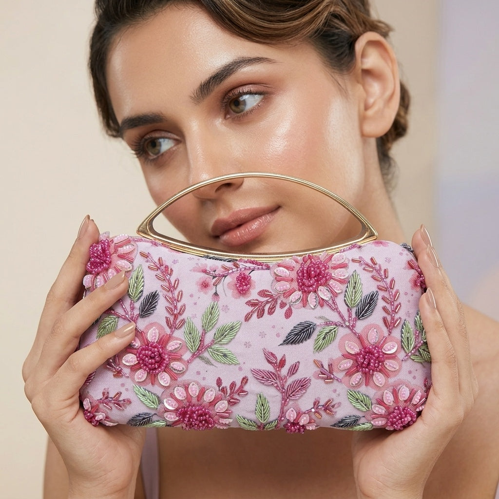 Aradhya Pink — Satin Printed Embroidered Clutch