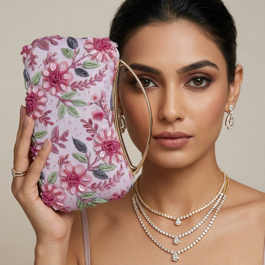 Aradhya Pink — Satin Printed Embroidered Clutch
