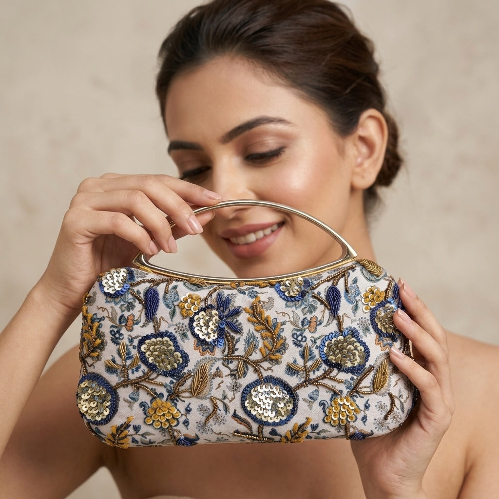 Adhira Classic — Satin Printed Embroidered Clutch