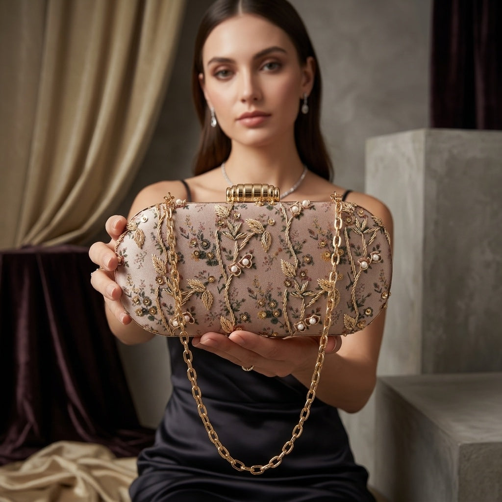Manvi — Satin Printed Embroidered Clutch
