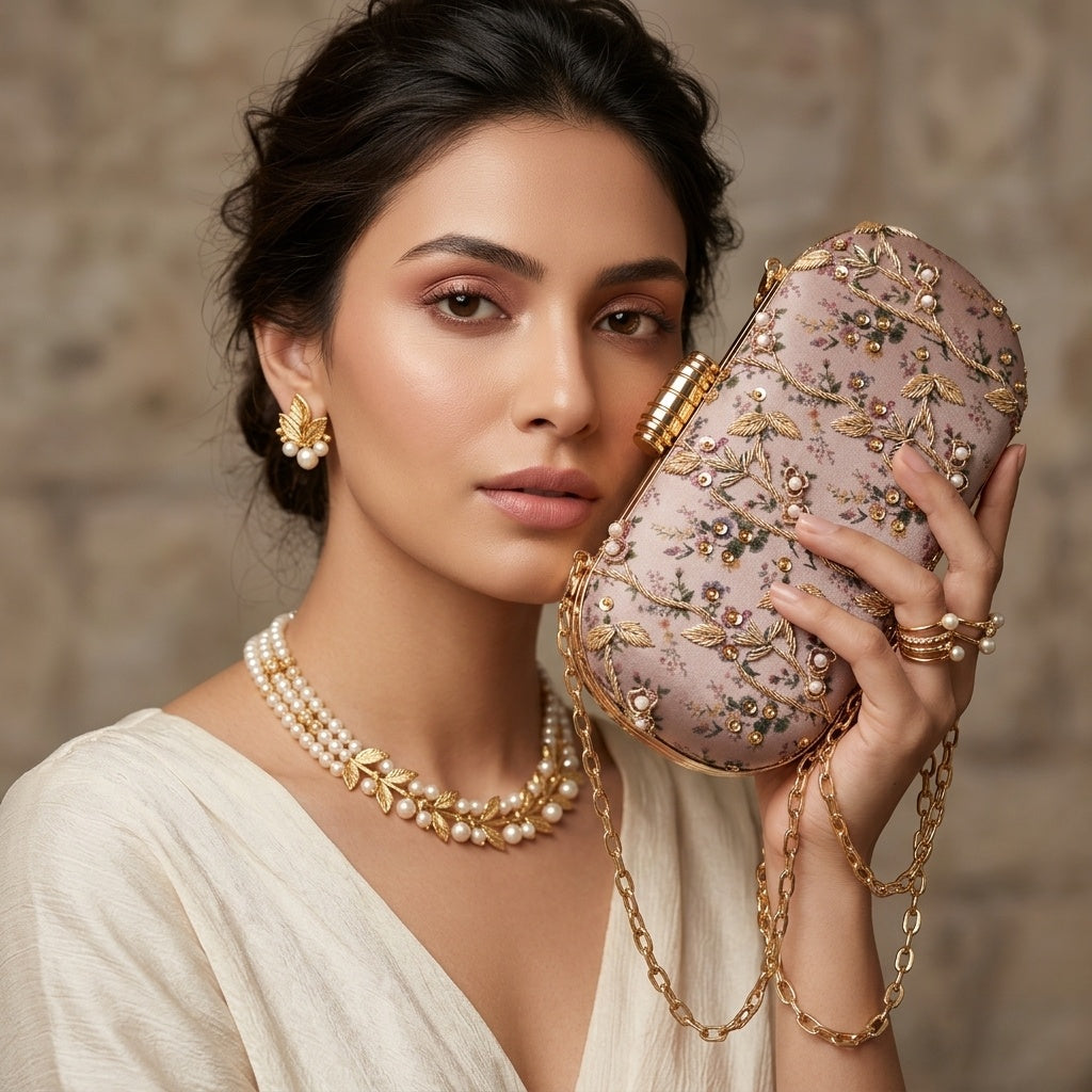 Manvi — Satin Printed Embroidered Clutch