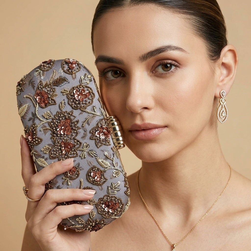 Prisha Heritage — Satin Printed Embroidered Clutch