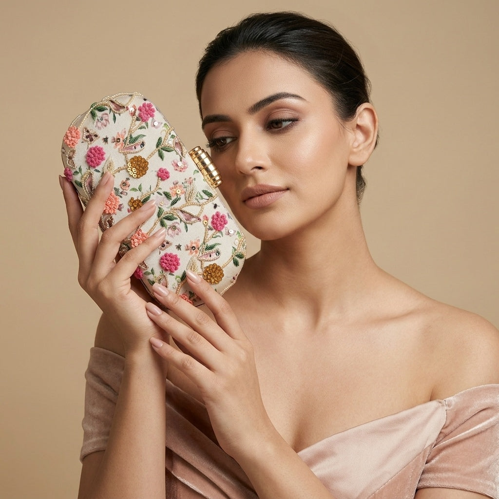 Marisha Classic — Satin Printed Embroidered Clutch