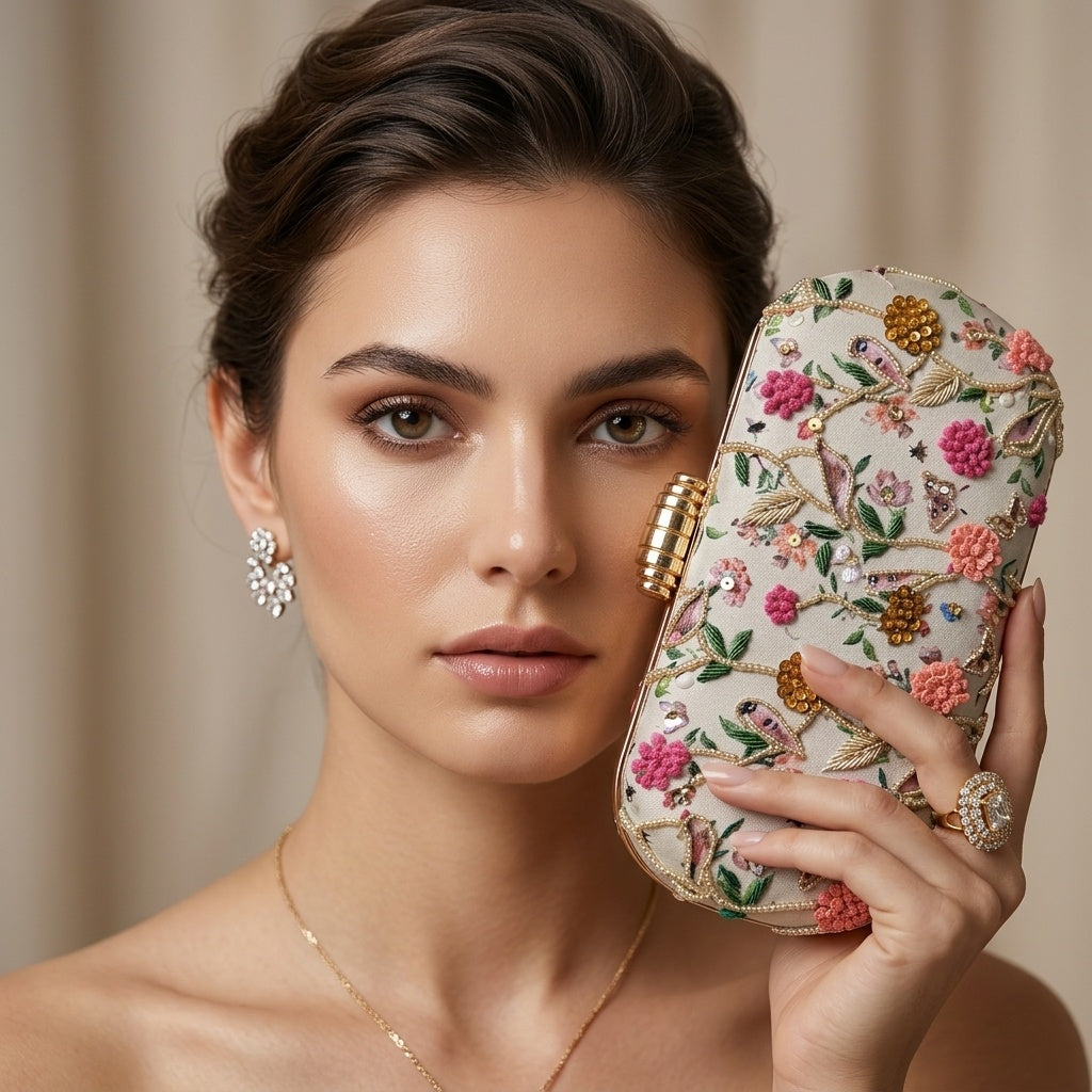 Marisha Classic — Satin Printed Embroidered Clutch