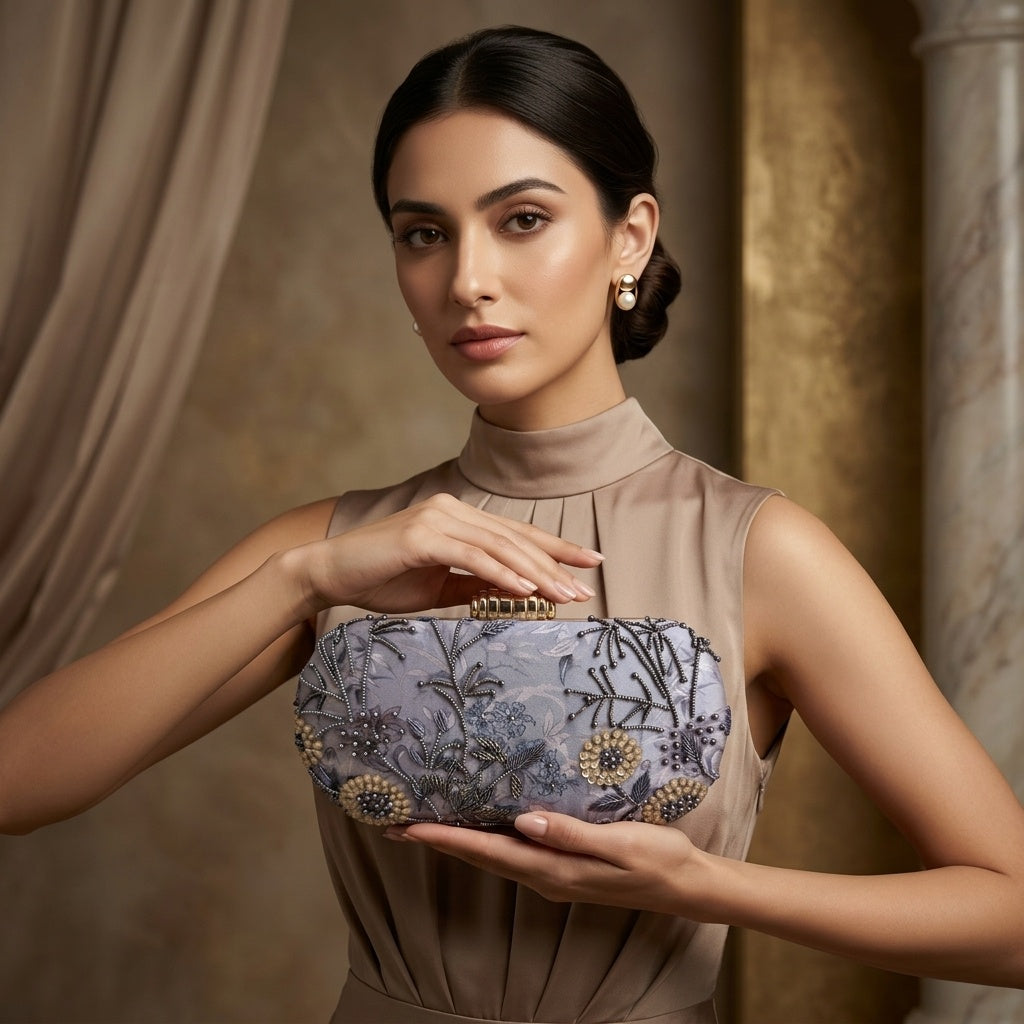 Yogita Grey — Satin Printed Embroidered Clutch