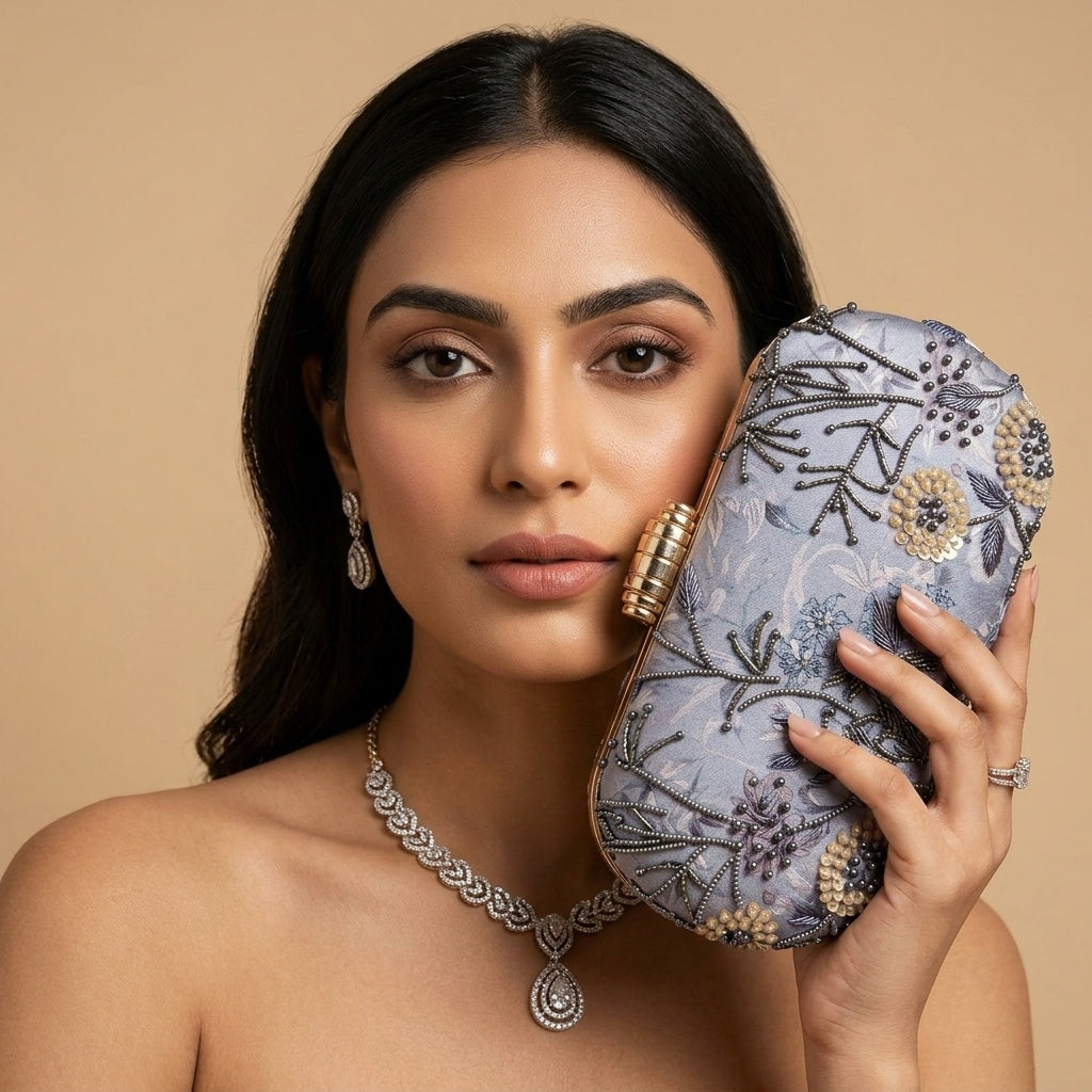 Yogita Grey — Satin Printed Embroidered Clutch
