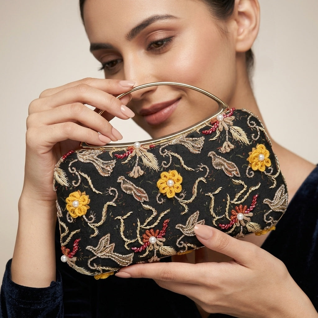 Mahima Black — Satin Printed Embroidered Clutch