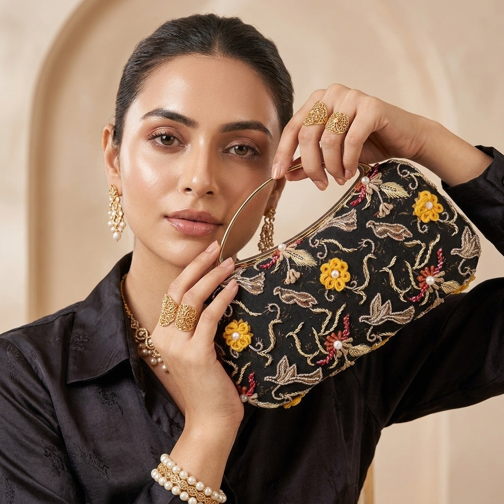 Mahima Black — Satin Printed Embroidered Clutch