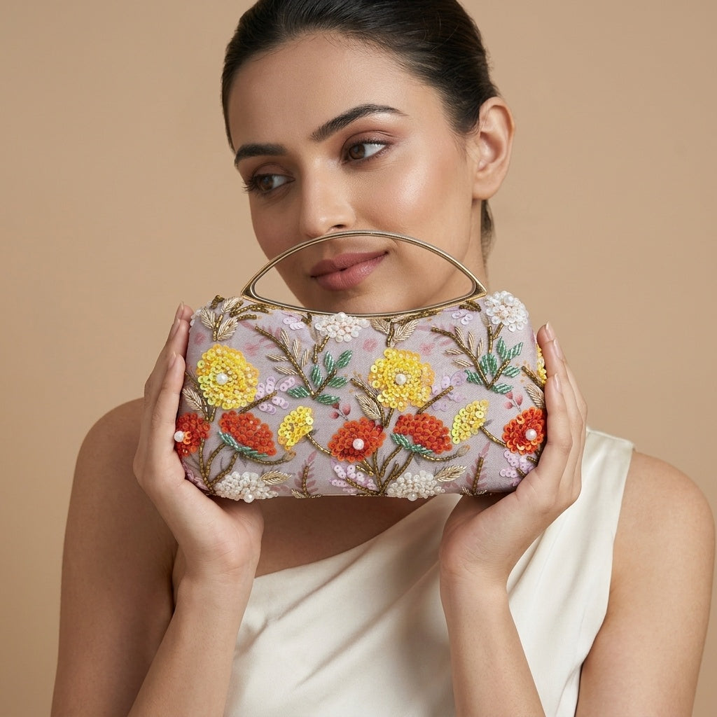 Dhara — Satin Printed Embroidered Clutch
