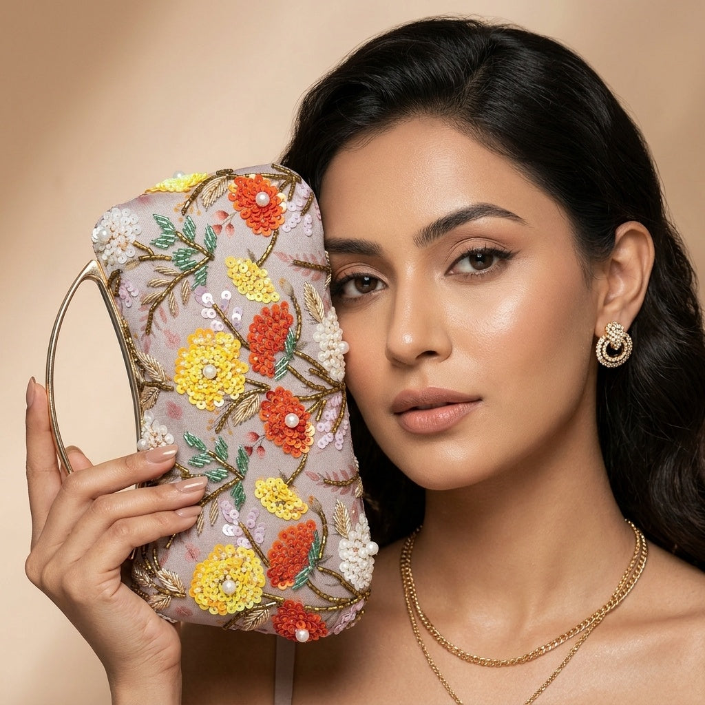 Dhara — Satin Printed Embroidered Clutch