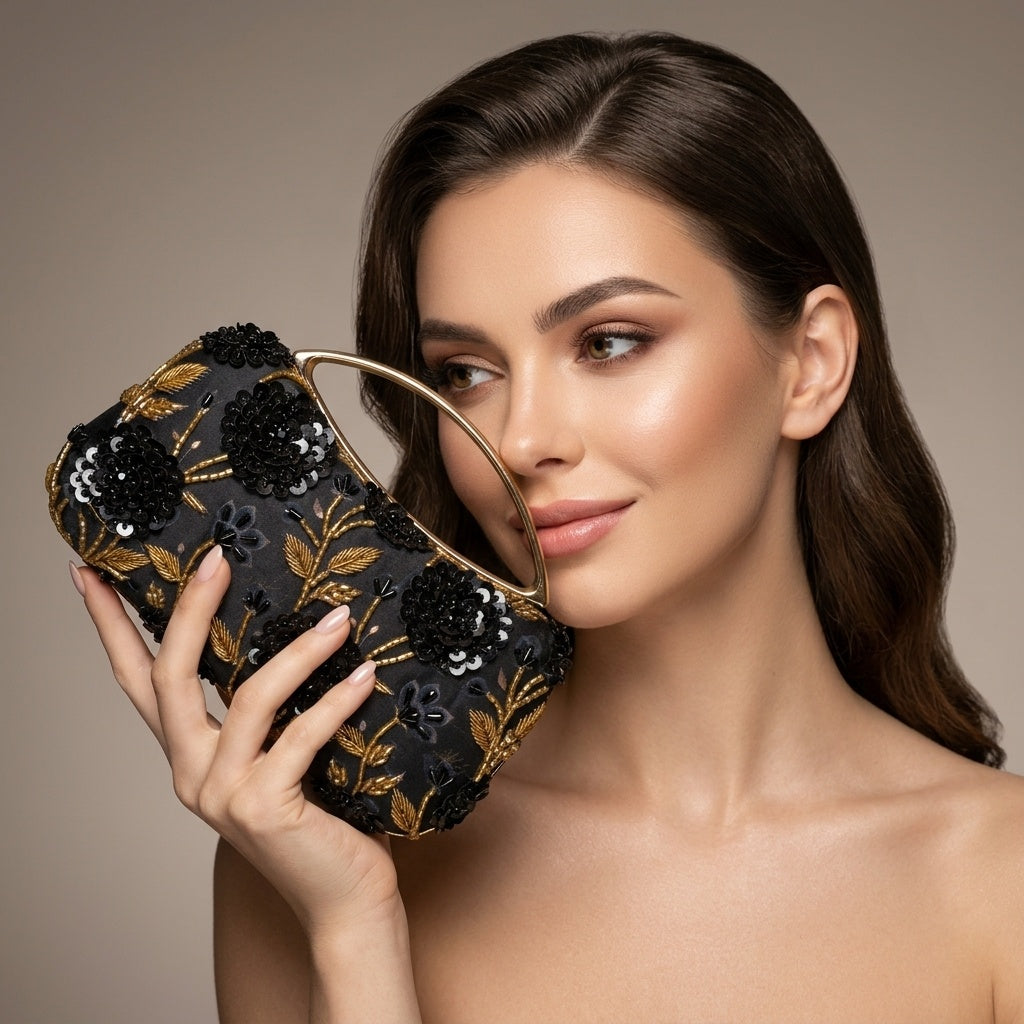 Menaka Black — Satin Printed Embroidered Clutch