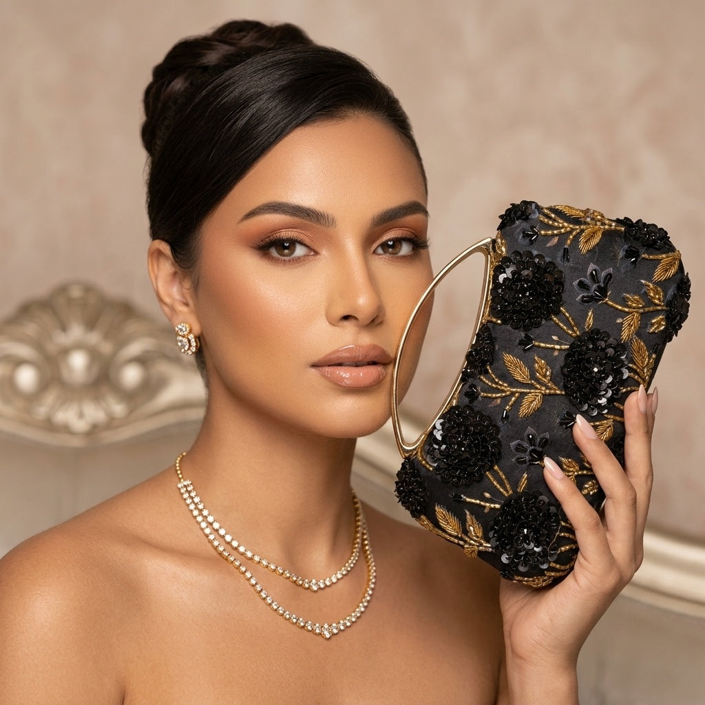 Menaka Black — Satin Printed Embroidered Clutch
