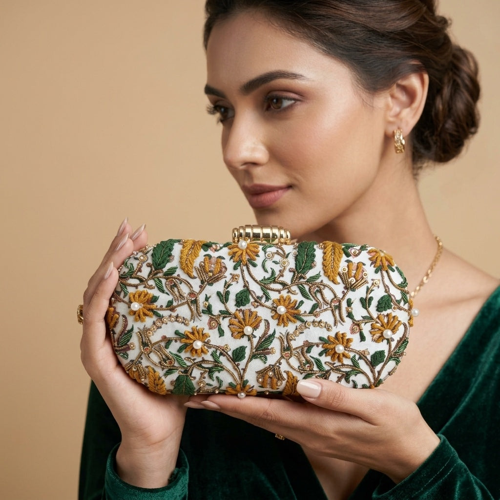 Vidhi — Satin Printed Embroidered Clutch