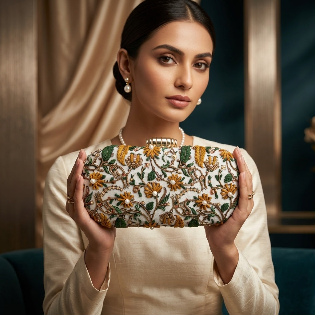Vidhi — Satin Printed Embroidered Clutch