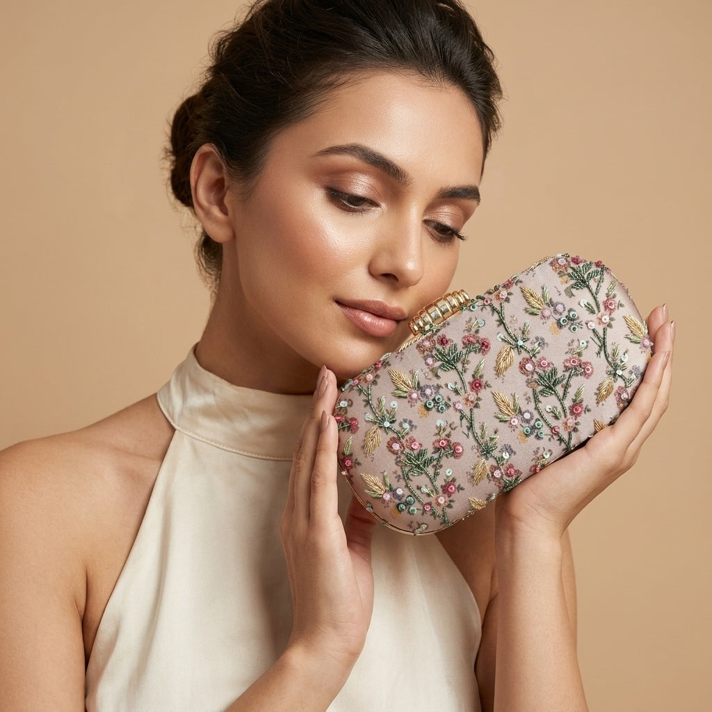 Hasina Classic — Satin Printed Embroidered Clutch