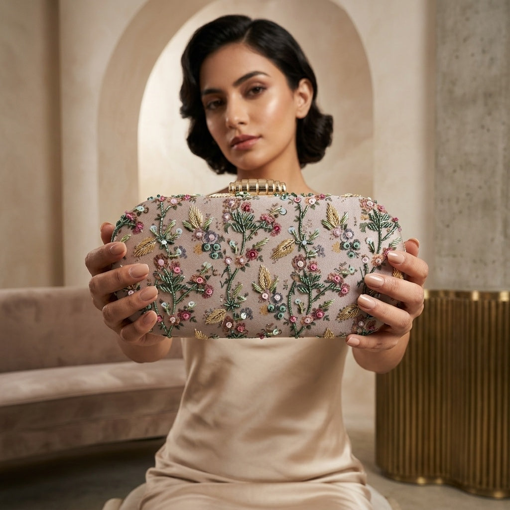 Hasina Classic — Satin Printed Embroidered Clutch