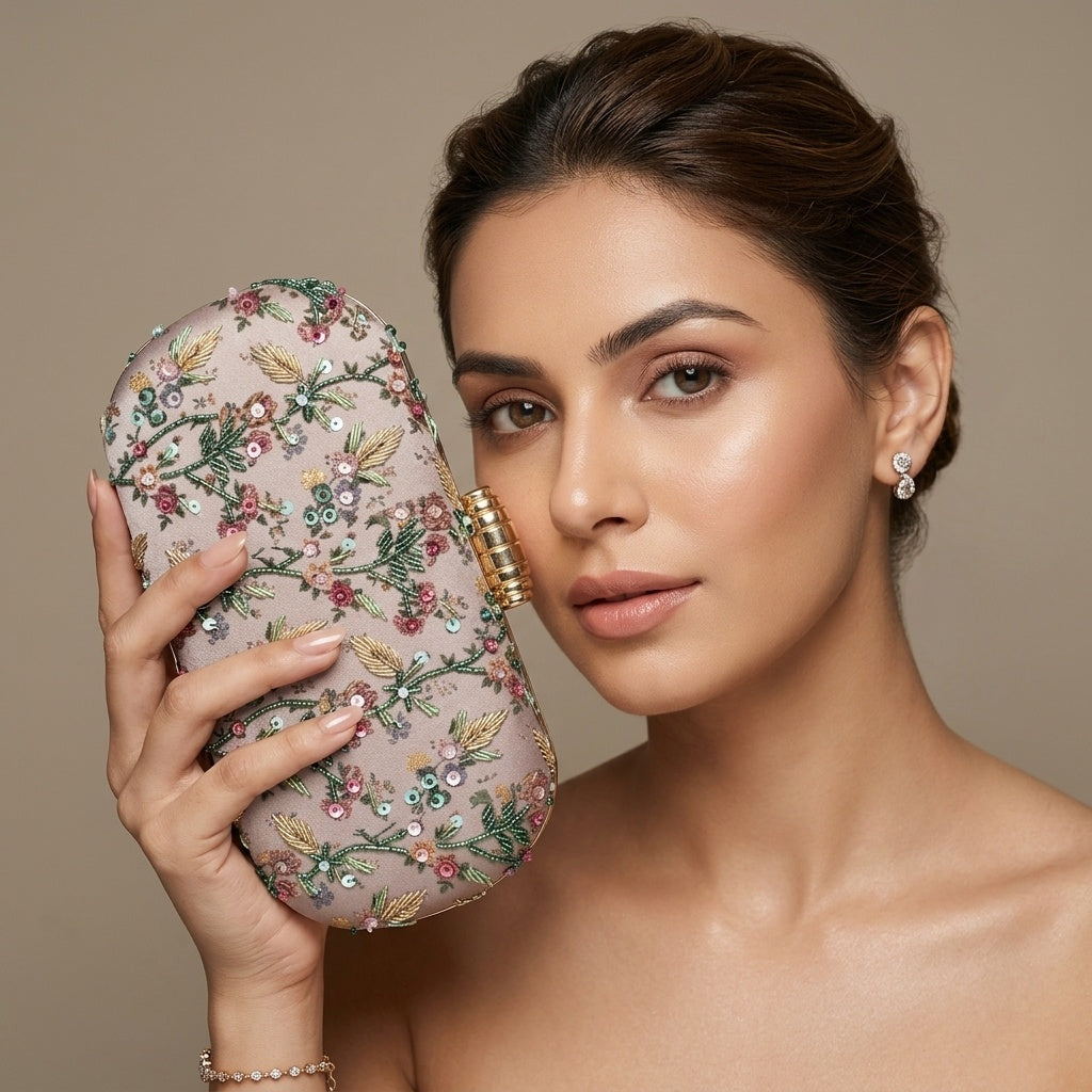 Hasina Classic — Satin Printed Embroidered Clutch