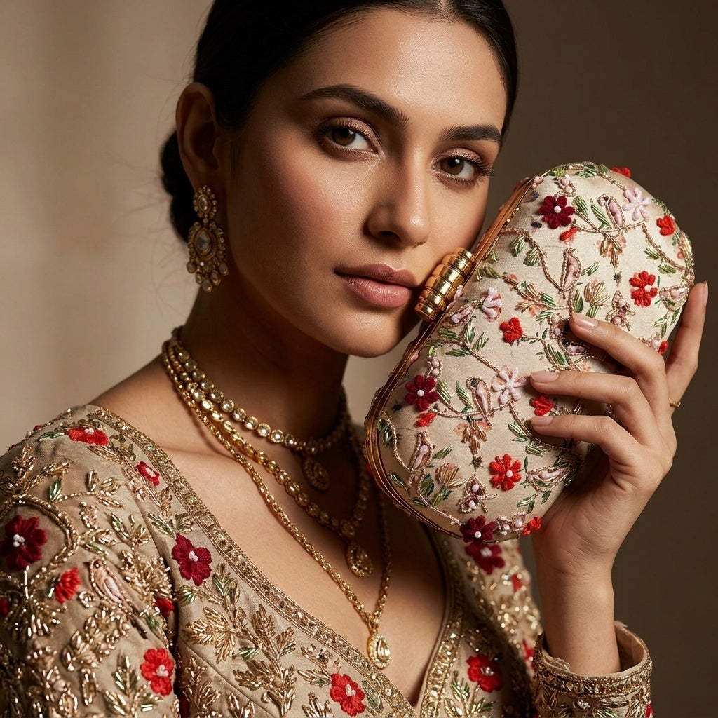 Saira — Satin Printed Embroidered Clutch