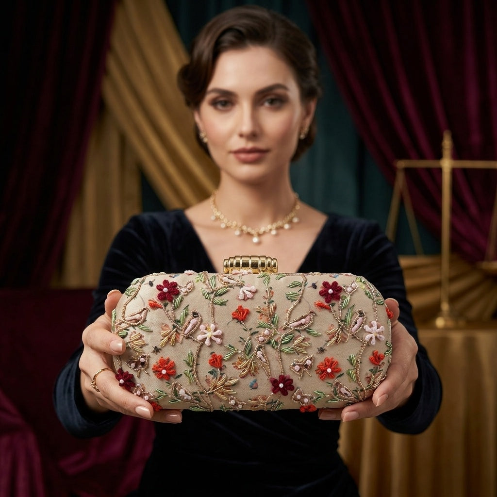 Saira — Satin Printed Embroidered Clutch