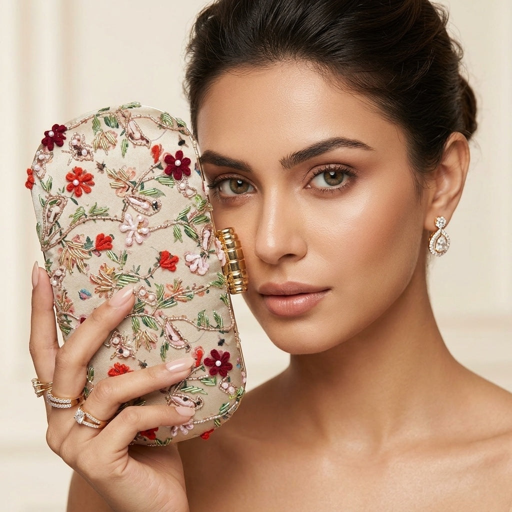 Saira — Satin Printed Embroidered Clutch