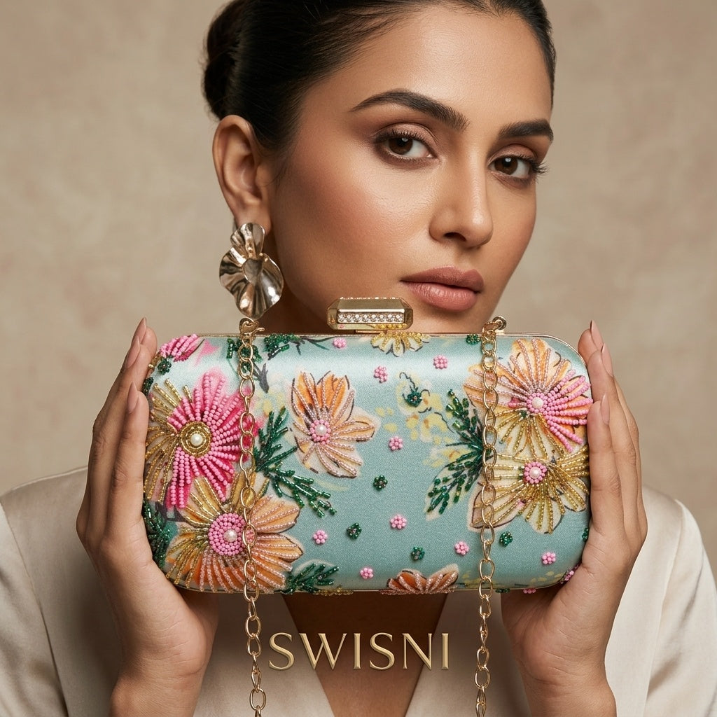 Jyotika Mint Green — Satin Printed Embroidered Clutch