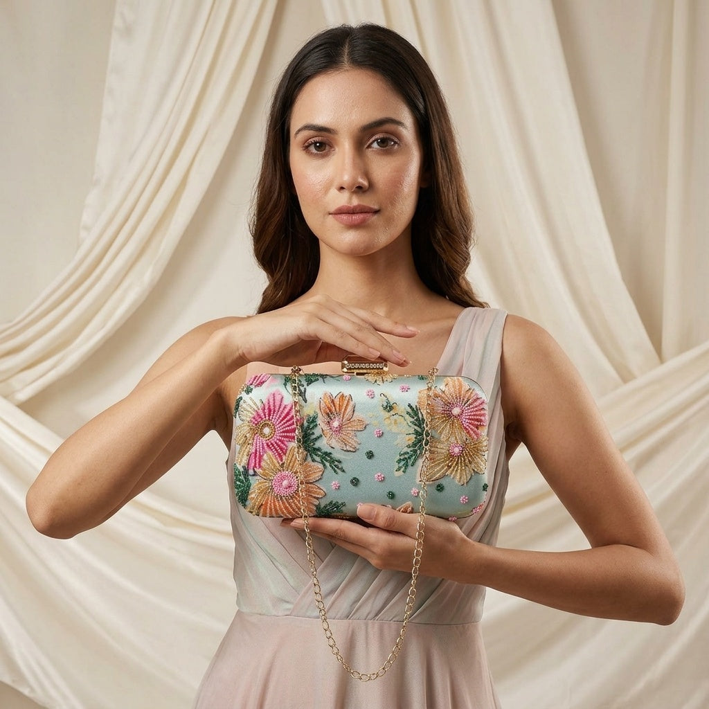 Jyotika Mint Green — Satin Printed Embroidered Clutch