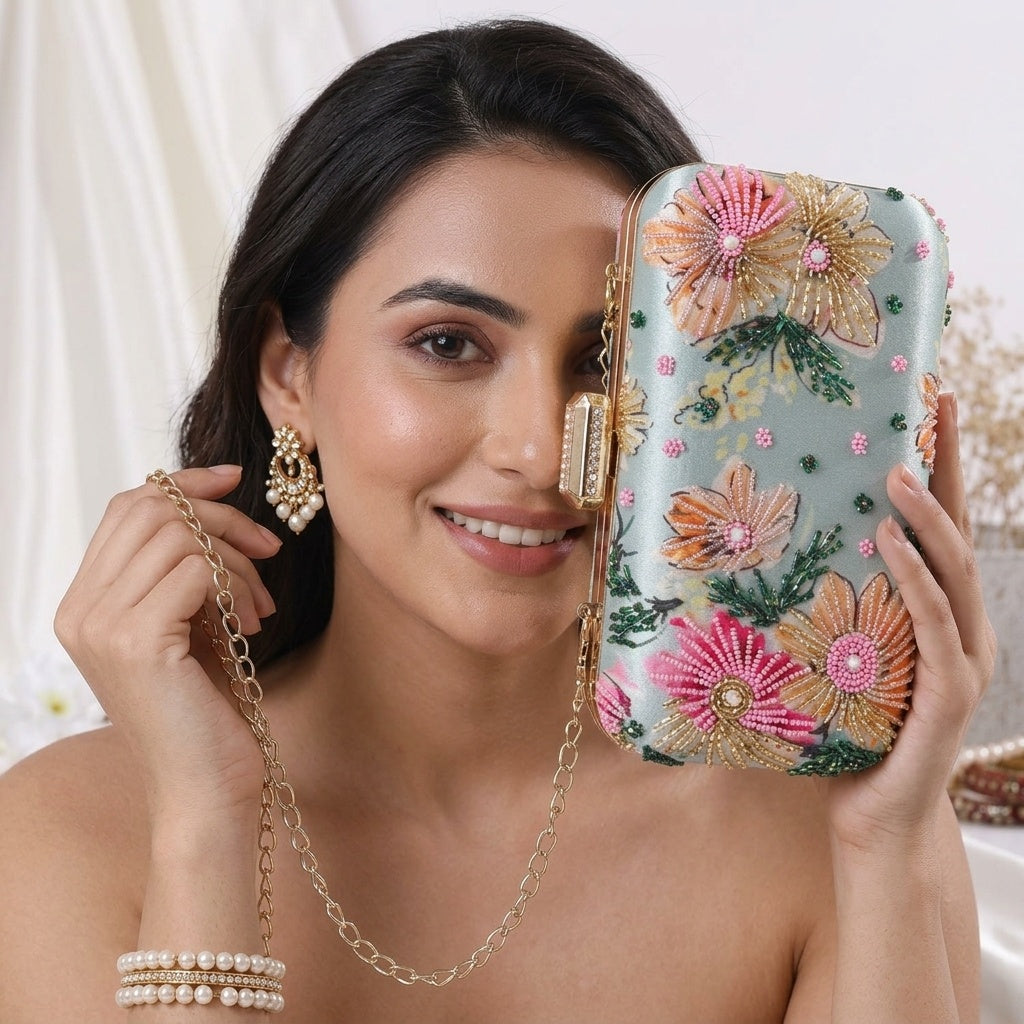 Swisni Hand-Embroidered Clutch Bag for Women | Zari Sequin Bridal Purse | Wedding Party Handbag | SWIS-448