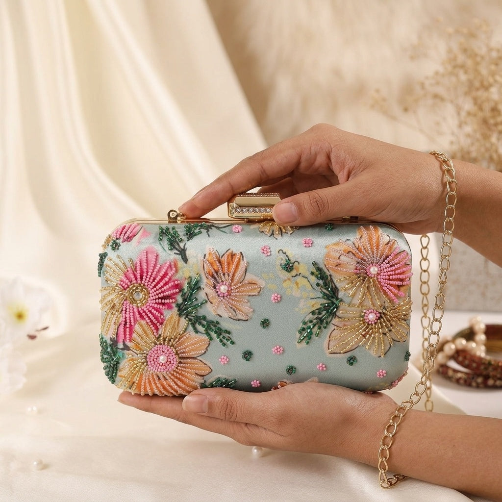 Swisni Hand-Embroidered Clutch Bag for Women | Zari Sequin Bridal Purse | Wedding Party Handbag | SWIS-448