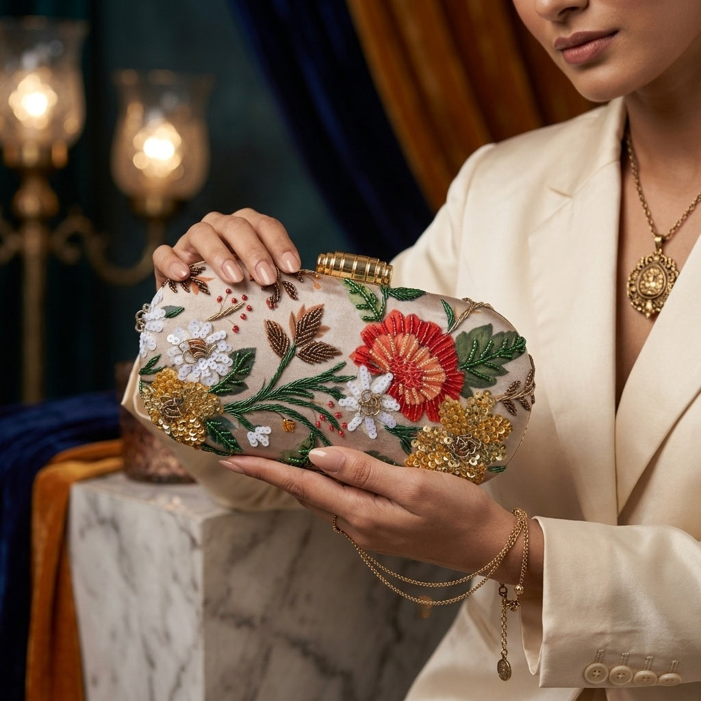Swarnika — Satin Printed Embroidered Clutch