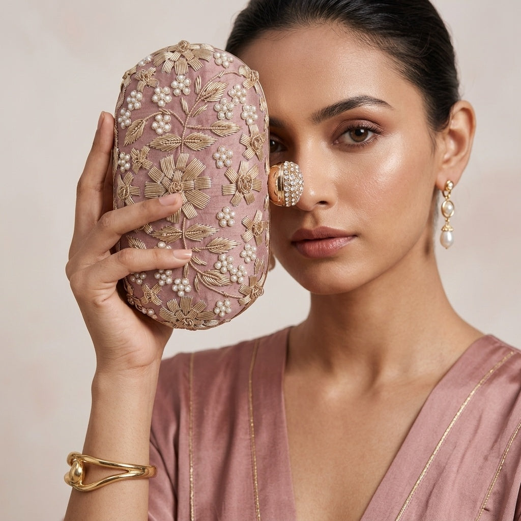 Vasanti Peach — Raw Silk Embroidered Clutch