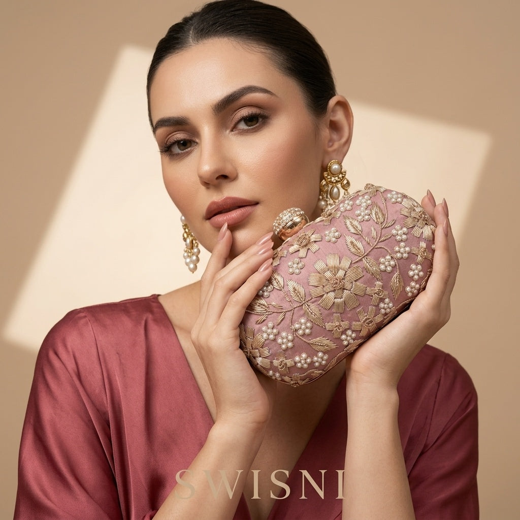 Vasanti Peach — Raw Silk Embroidered Clutch