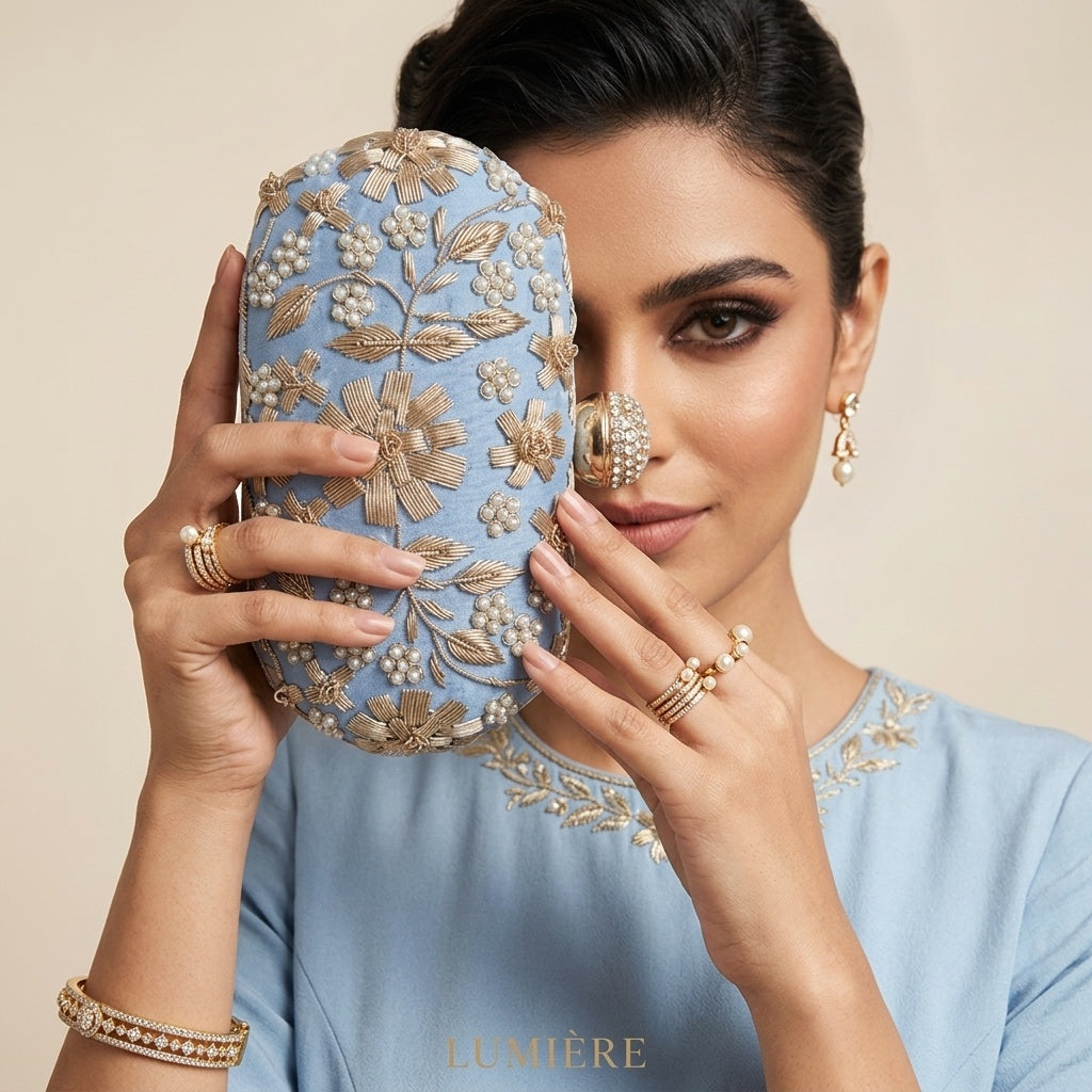 Shaan Blue — Raw Silk Embroidered Clutch