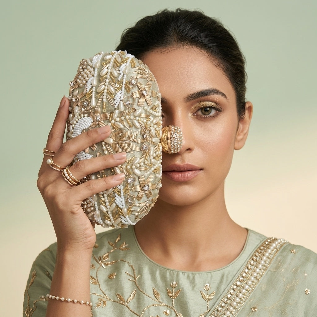 Prabha Mint Green — Raw Silk Embroidered Clutch