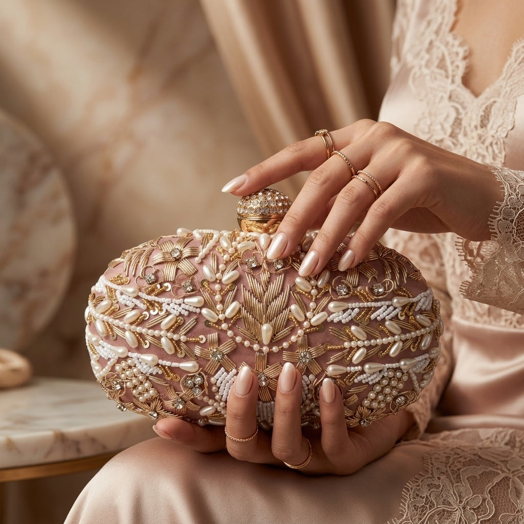 Savitri Peach Classic — Raw Silk Embroidered Clutch