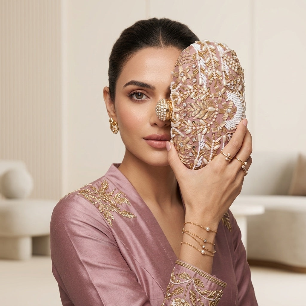Savitri Peach Classic — Raw Silk Embroidered Clutch
