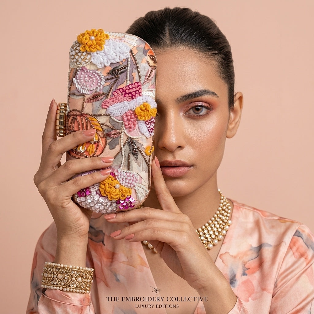 Sheetal — Satin Printed Embroidered Clutch