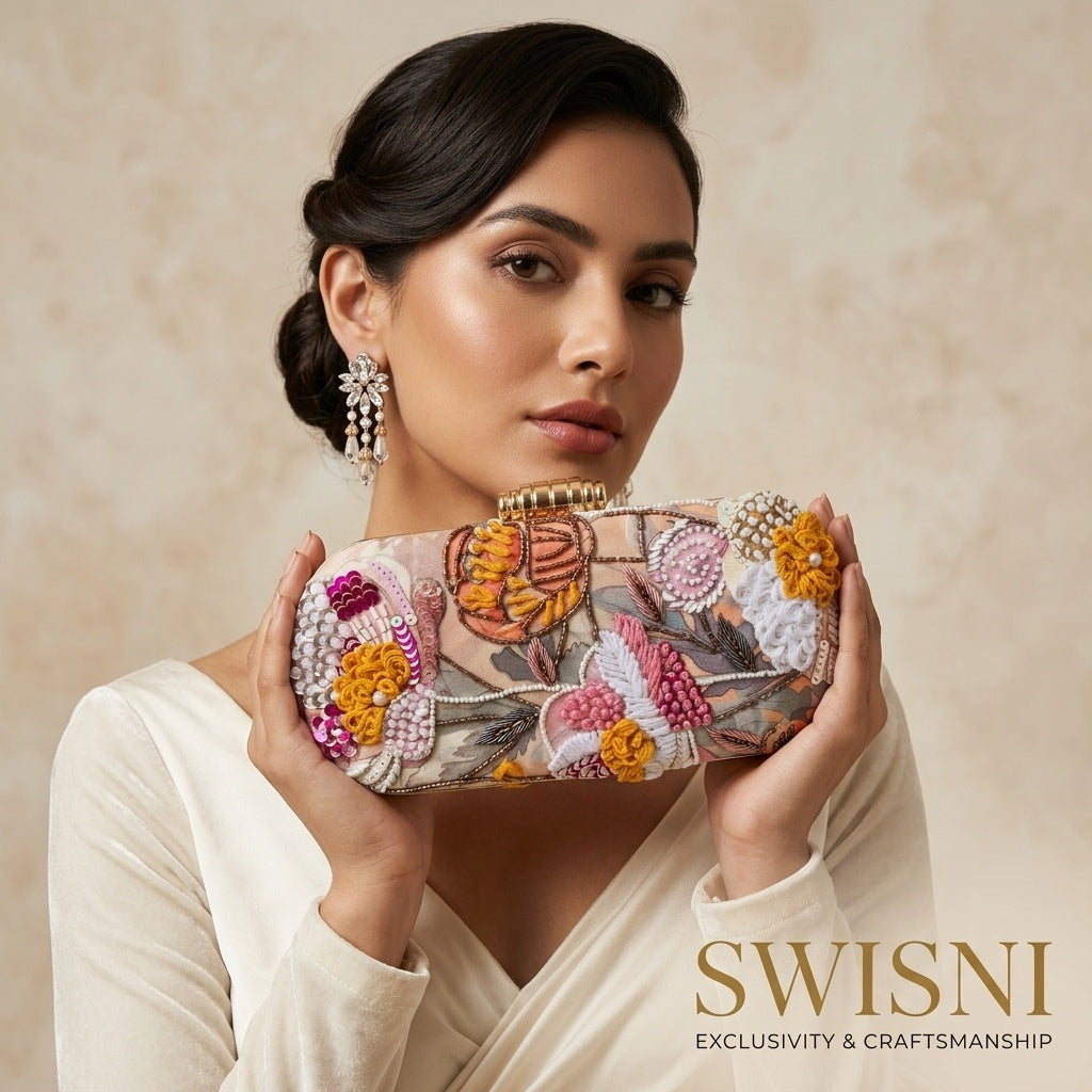 Sheetal — Satin Printed Embroidered Clutch