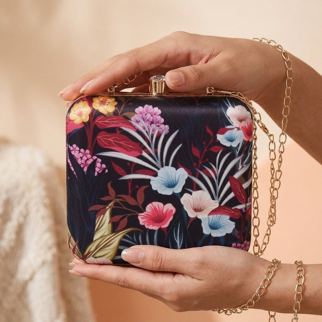Ridhima Black — Satin Printed Clutch