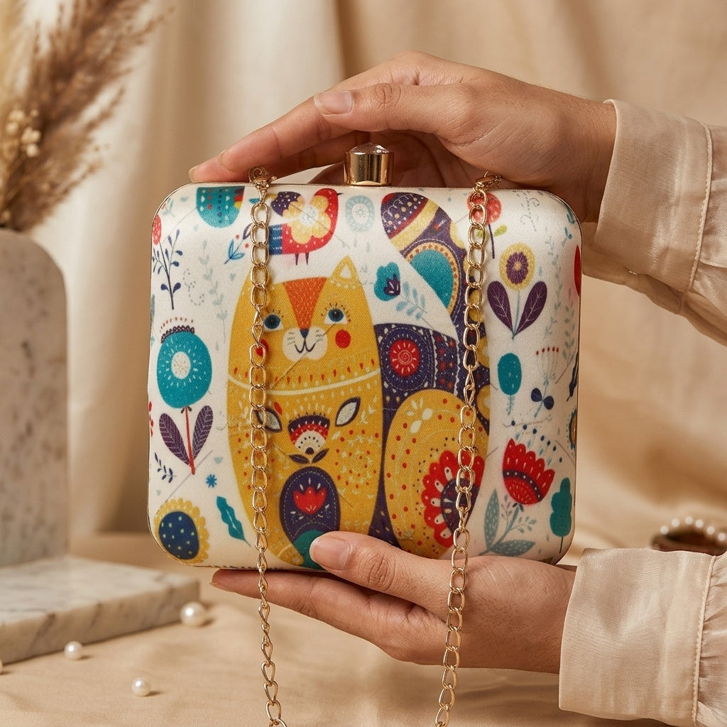 Sindhu White — Satin Printed Clutch