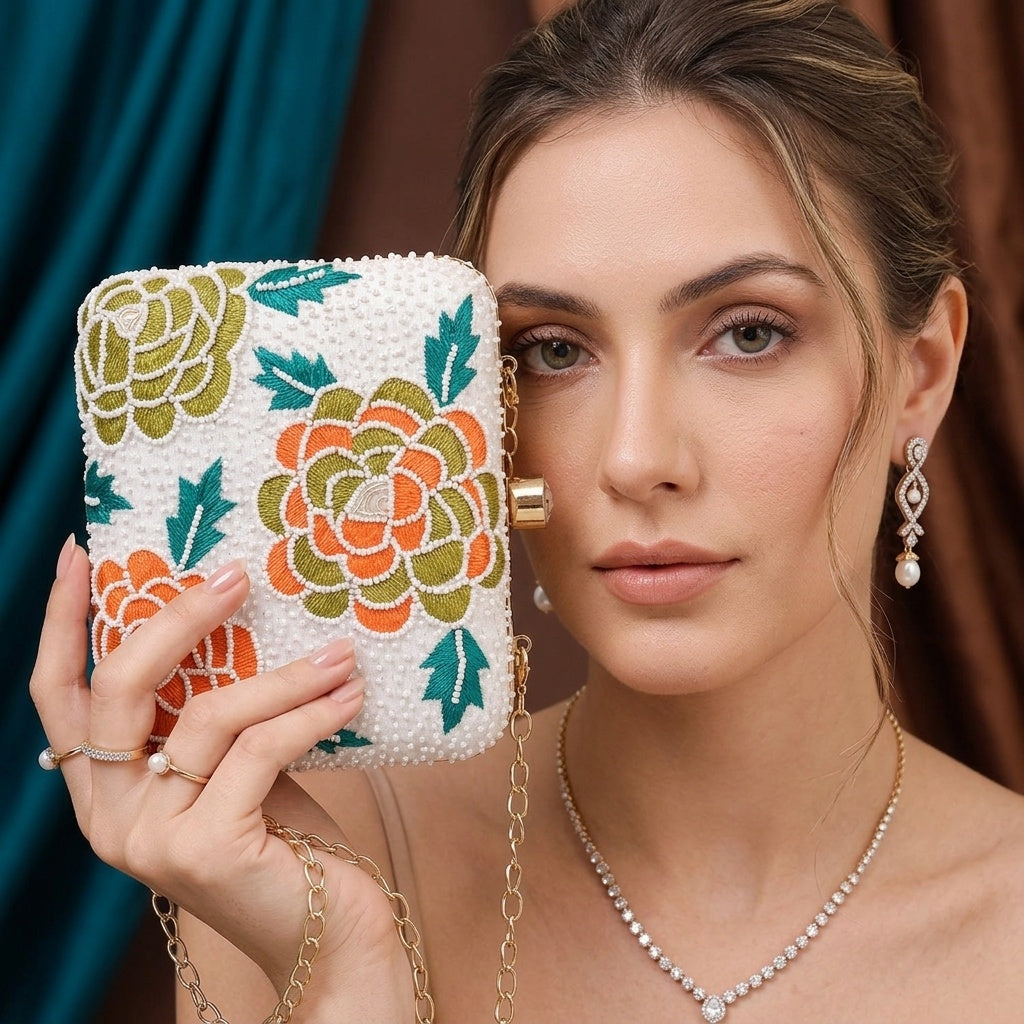 Swisni Hand-Embroidered Clutch Bag for Women | Zari Sequin Bridal Purse | Wedding Party Handbag | SWIS-464